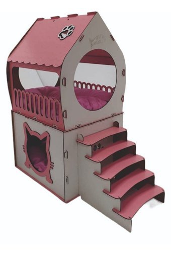 Mabel Dikdörtgen 2 Katlı İç Mekan Kedi Evi Beyaz-Pembe