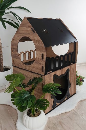 Mabel Dikdörtgen 2 Katlı İç Mekan Kedi Evi Ahşap Rengi-Siyah