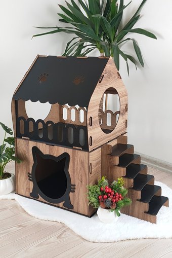 Mabel Dikdörtgen 2 Katlı İç Mekan Kedi Evi Ahşap Rengi-Siyah