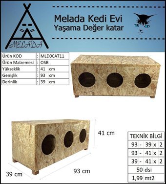 Melada 93x41x39 cm Dikdörtgen Su Geçirmez Dış Mekan Kedi Evi Ahşap Rengi