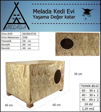 Melada 60x40x30 cm Dikdörtgen Su Geçirmez Dış Mekan Kedi Evi Ahşap Rengi