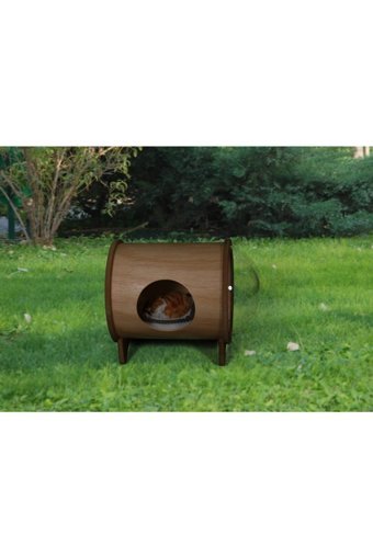 Ahşap Center Panoromik Camlı Silindir Dış Mekan-İç Mekan Kedi Evi Ahşap Rengi