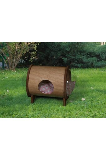 Ahşap Center Panoromik Camlı Silindir Dış Mekan-İç Mekan Kedi Evi Ahşap Rengi