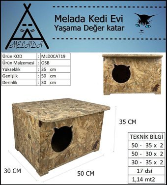 Melada 50x35x30 cm Dikdörtgen Su Geçirmez Dış Mekan Kedi Evi Ahşap Rengi