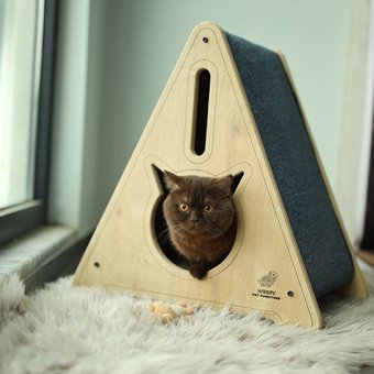 Woofy Catsy 2A Üçgen Su Geçirmez İç Mekan Kedi Evi Ahşap Rengi