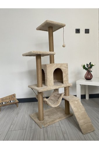 Nursoft B-07 Kare Hamaklı İç Mekan Kedi Evi Bej