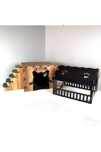 Life Hobi Dikdörtgen 2 Katlı İç Mekan Kedi Evi Ahşap Rengi-Siyah