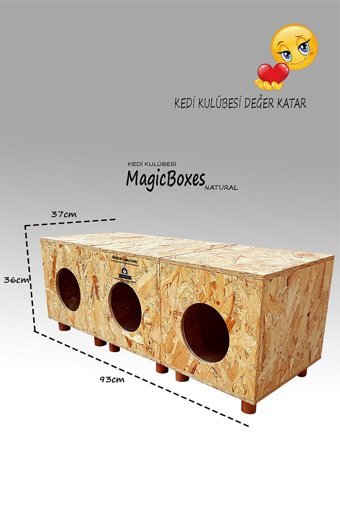 Kedigram Üçlü Dikdörtgen Su Geçirmez Dış Mekan Kedi Evi Ahşap Rengi