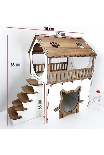 Art Gallery Dikdörtgen 2 Katlı Dış Mekan-İç Mekan Kedi Evi Ahşap Rengi-Beyaz