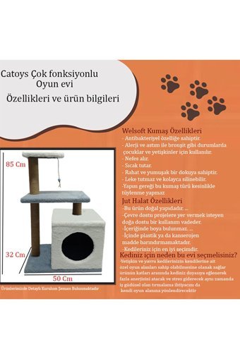 Catoys Oyun Evi Kare İç Mekan Kedi Evi Beyaz-Mavi