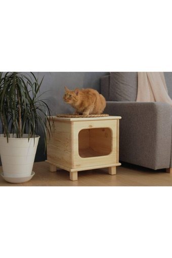 Naturbird Kare İç Mekan Kedi Evi Ahşap Rengi