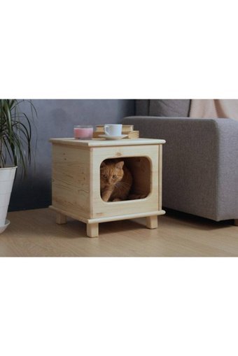 Naturbird Kare İç Mekan Kedi Evi Ahşap Rengi