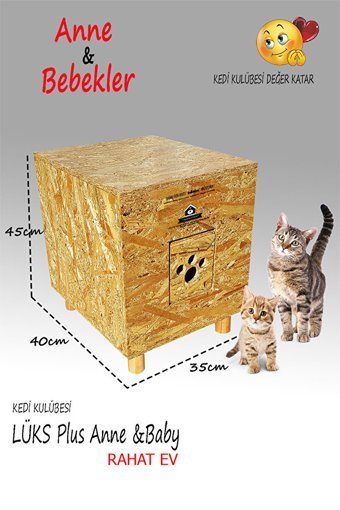 Lüks LÜKS PLUS - Anne ve Bebekler Dikdörtgen Su Geçirmez Dış Mekan Kedi Evi Ahşap Rengi