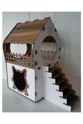 Windly Ahşap Atölyesi Kare 2 Katlı Su Geçirmez İç Mekan Kedi Evi Ahşap Rengi