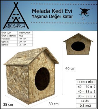 Melada 40x35x30 cm Dikdörtgen Su Geçirmez Dış Mekan Kedi Evi Ahşap Rengi