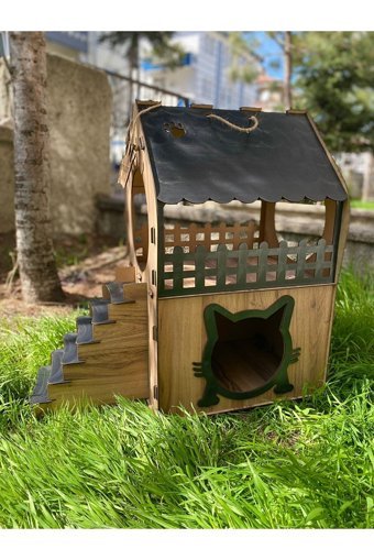 Pati Dikdörtgen 2 Katlı Dış Mekan-İç Mekan Kedi Evi Ahşap Rengi-Siyah