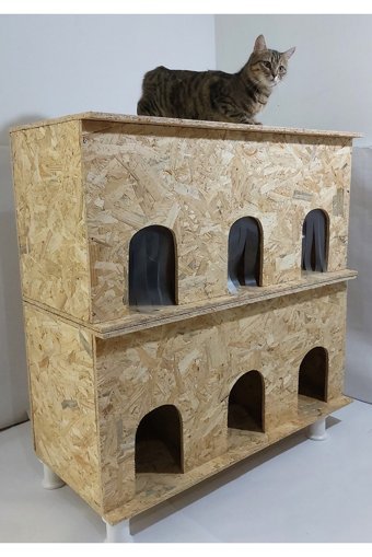 Kumsshop Çoklu Dikdörtgen 2 Katlı Su Geçirmez Dış Mekan-İç Mekan Kedi Evi Ahşap Rengi