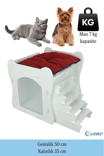 Evene Merdivenli Dikdörtgen İç Mekan Kedi Evi Beyaz