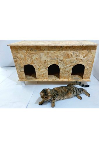 Kumsshop Çoklu Dikdörtgen Su Geçirmez Dış Mekan Kedi Evi Ahşap Rengi