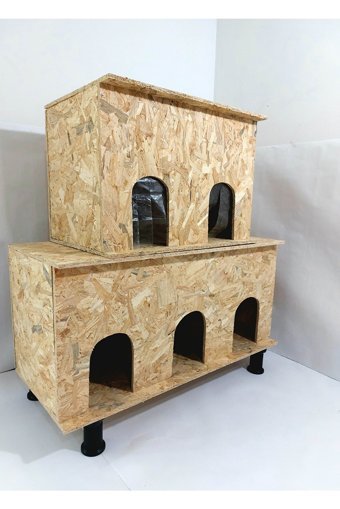 Kumsshop Beşli Dikdörtgen 2 Katlı Su Geçirmez Dış Mekan-İç Mekan Kedi Evi Ahşap Rengi