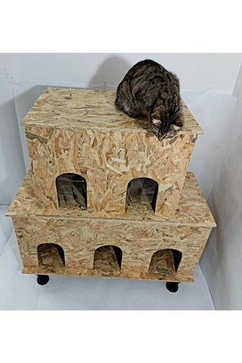 Kumsshop Beşli Dikdörtgen 2 Katlı Su Geçirmez Dış Mekan-İç Mekan Kedi Evi Ahşap Rengi
