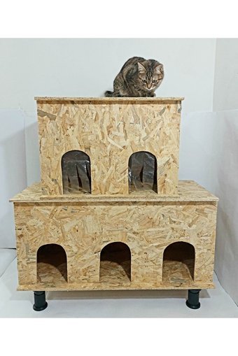 Kumsshop Beşli Dikdörtgen 2 Katlı Su Geçirmez Dış Mekan-İç Mekan Kedi Evi Ahşap Rengi