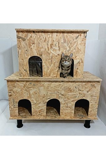 Kumsshop Beşli Dikdörtgen 2 Katlı Su Geçirmez Dış Mekan-İç Mekan Kedi Evi Ahşap Rengi