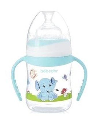 Bebedor B-88322 Polipropilen Yenidoğan Yavaş Akışlı Kulplu 3+ Ay Desenli Turkuaz Damaklı Biberon Seti 150 ml