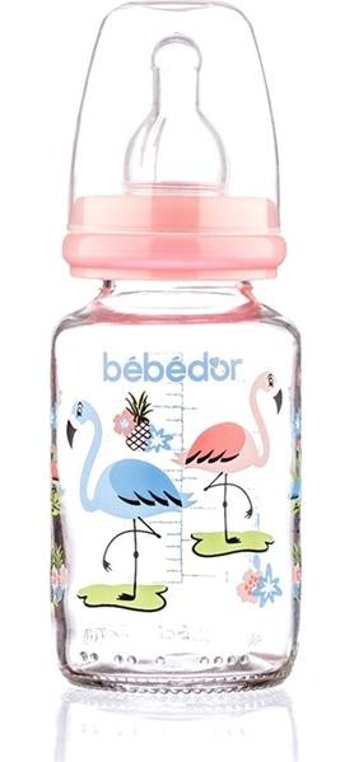 Bebedor 30302 Cam Yenidoğan Yavaş Akışlı 0+ Ay Desenli Pembe Damaklı Biberon Seti 125 ml