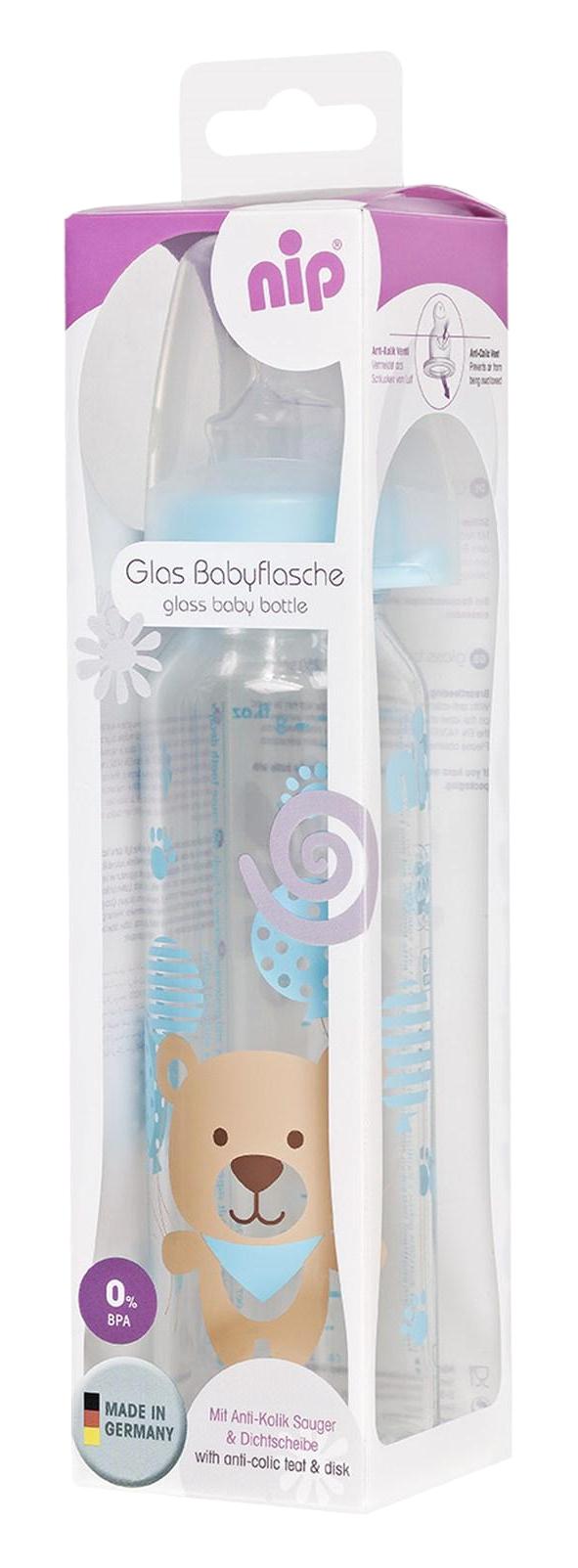 Nip Glas Baby Cam Gaz Yapmayan Antikolik Yenidoğan Yavaş Akışlı 0+ Ay Desenli Mavi Damaklı Biberon Seti 250 ml