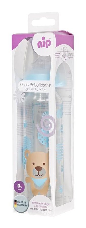 Nip Glas Baby Cam Gaz Yapmayan Antikolik Yenidoğan Yavaş Akışlı 0+ Ay Desenli Mavi Damaklı Biberon Seti 250 ml
