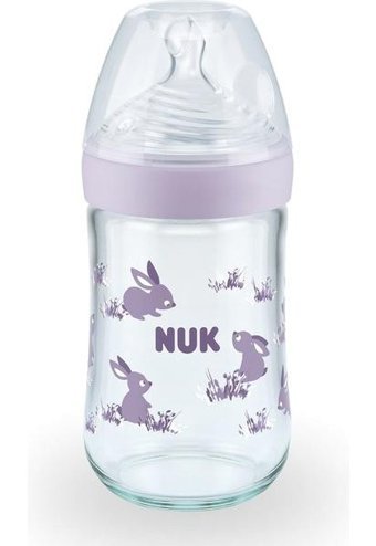 Nuk Nature Cam Gaz Yapmayan Antikolik 6-18 Ay Desenli Lila Damaklı Biberon Seti 240 ml