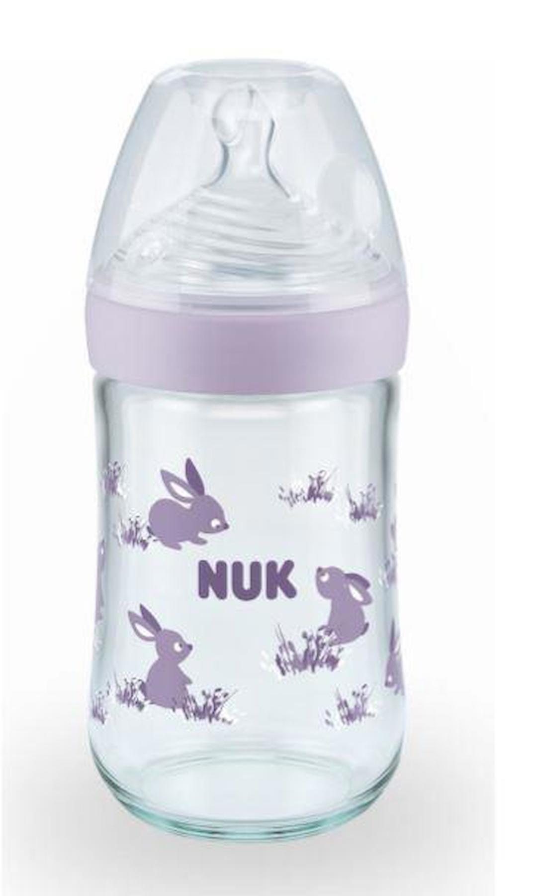 Nuk Nature Cam Gaz Yapmayan Antikolik 6-18 Ay Desenli Lila Damaklı Biberon Seti 240 ml
