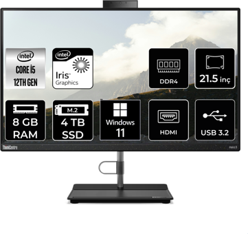 Lenovo ThinkCentre Neo 30A 12B3003RTX Dahili Iris Xe Graphics Intel Core i5 1235U 8 GB Ram 4 TB SSD 21.5 inç Full HD Windows 11 Home All In One Bilgisayar
