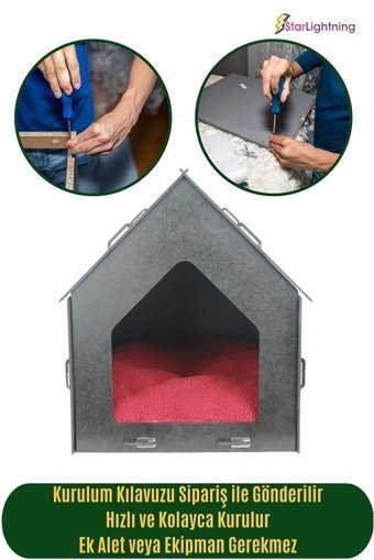 Starlightning Çatılı Çizgili Kare İç Mekan Kedi Evi Gri