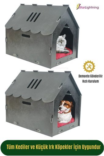 Starlightning Çatılı Çizgili Kare İç Mekan Kedi Evi Gri
