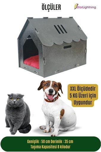 Starlightning Çatılı Çizgili Kare İç Mekan Kedi Evi Gri