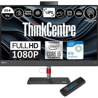 Lenovo ThinkCentre Neo 50A 12B800E0TRF07 Dahili UHD Graphics Intel Core i5 12450H 64 GB Ram DDR5 512 GB SSD 23.8 inç Full HD Freedos Dokunmatik All In One Bilgisayar + Zetta Flash Bellek