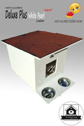Deluxe White Pearl Redroof Dikdörtgen Su Geçirmez Dış Mekan Kedi Evi Beyaz-Kırmızı