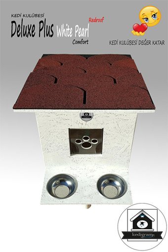 Deluxe White Pearl Redroof Dikdörtgen Su Geçirmez Dış Mekan Kedi Evi Beyaz-Kırmızı