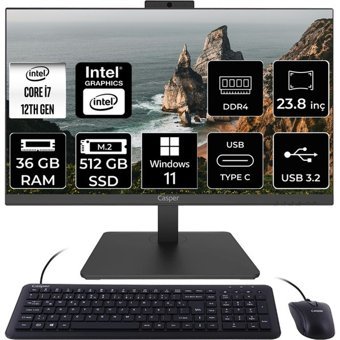 Casper Nirvana A600 A60.1255-DF00X-V C1255AIO382 Dahili Iris Xe Graphics Intel Core i7 1255U 36 GB Ram 512 GB SSD 23.8 inç Full HD Windows 11 Home All In One Bilgisayar