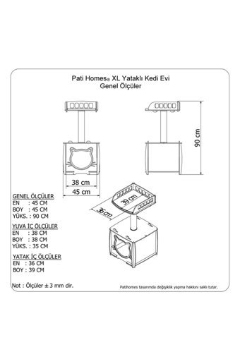 Patihomes XL VIP Kare İç Mekan Kedi Evi Çok Renkli