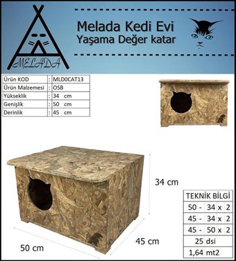 Melada 50x45x34 cm Dikdörtgen Su Geçirmez Dış Mekan Kedi Evi Ahşap Rengi