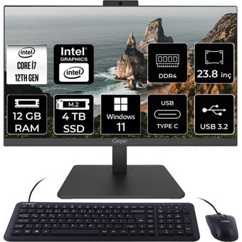 Casper Nirvana A600 A60.1255-DF00X-V C1255AIO360 Dahili Iris Xe Graphics Intel Core i7 1255U 12 GB Ram 4 TB SSD 23.8 inç Full HD Windows 11 Home All In One Bilgisayar