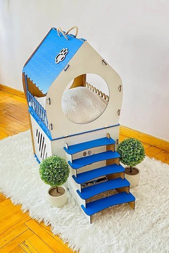 Mabel Dikdörtgen 2 Katlı İç Mekan Kedi Evi Beyaz-Mavi