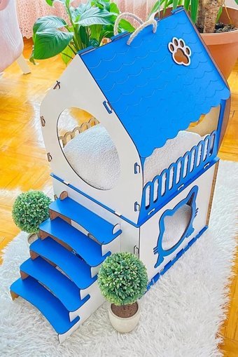 Mabel Dikdörtgen 2 Katlı İç Mekan Kedi Evi Beyaz-Mavi