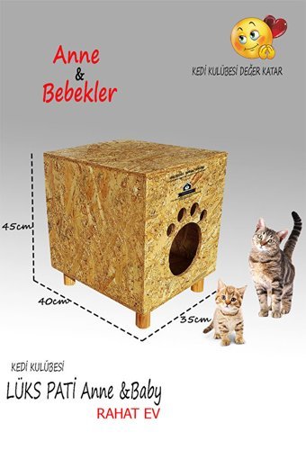 Lüks LÜKS PATİ - Anne ve Bebekler Dikdörtgen Su Geçirmez Dış Mekan Kedi Evi Ahşap Rengi