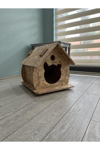 Apak Ahşap Çatılı Kare Su Geçirmez Dış Mekan Kedi Evi Ahşap Rengi