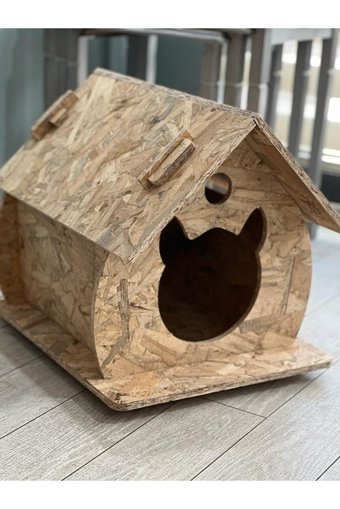 Apak Ahşap Çatılı Kare Su Geçirmez Dış Mekan Kedi Evi Ahşap Rengi