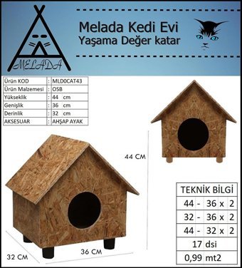 Melada 44x36x32 cm Dikdörtgen Su Geçirmez Dış Mekan Kedi Evi Ahşap Rengi